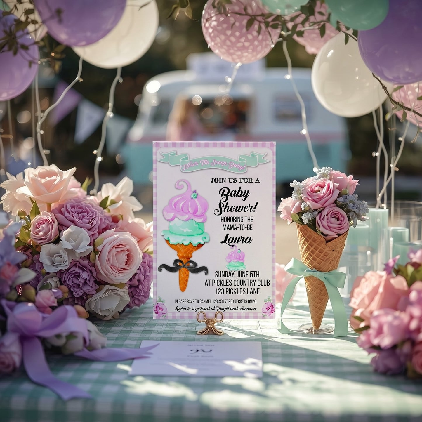 Here's The Scoop, Baby-Invitation-Customize in Corjl-Ice Cream Baby Shower-Ice Cream Baby Shower Invites-Try Demo-Digital-INSTANT DOWNLOAD