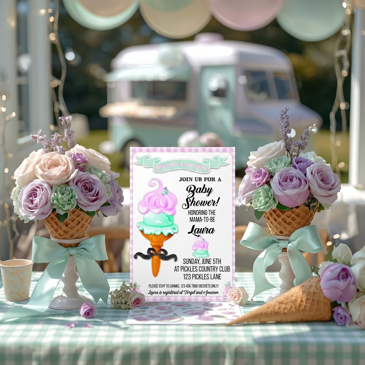 Here's The Scoop, Baby-Invitation-Customize in Corjl-Ice Cream Baby Shower-Ice Cream Baby Shower Invites-Try Demo-Digital-INSTANT DOWNLOAD