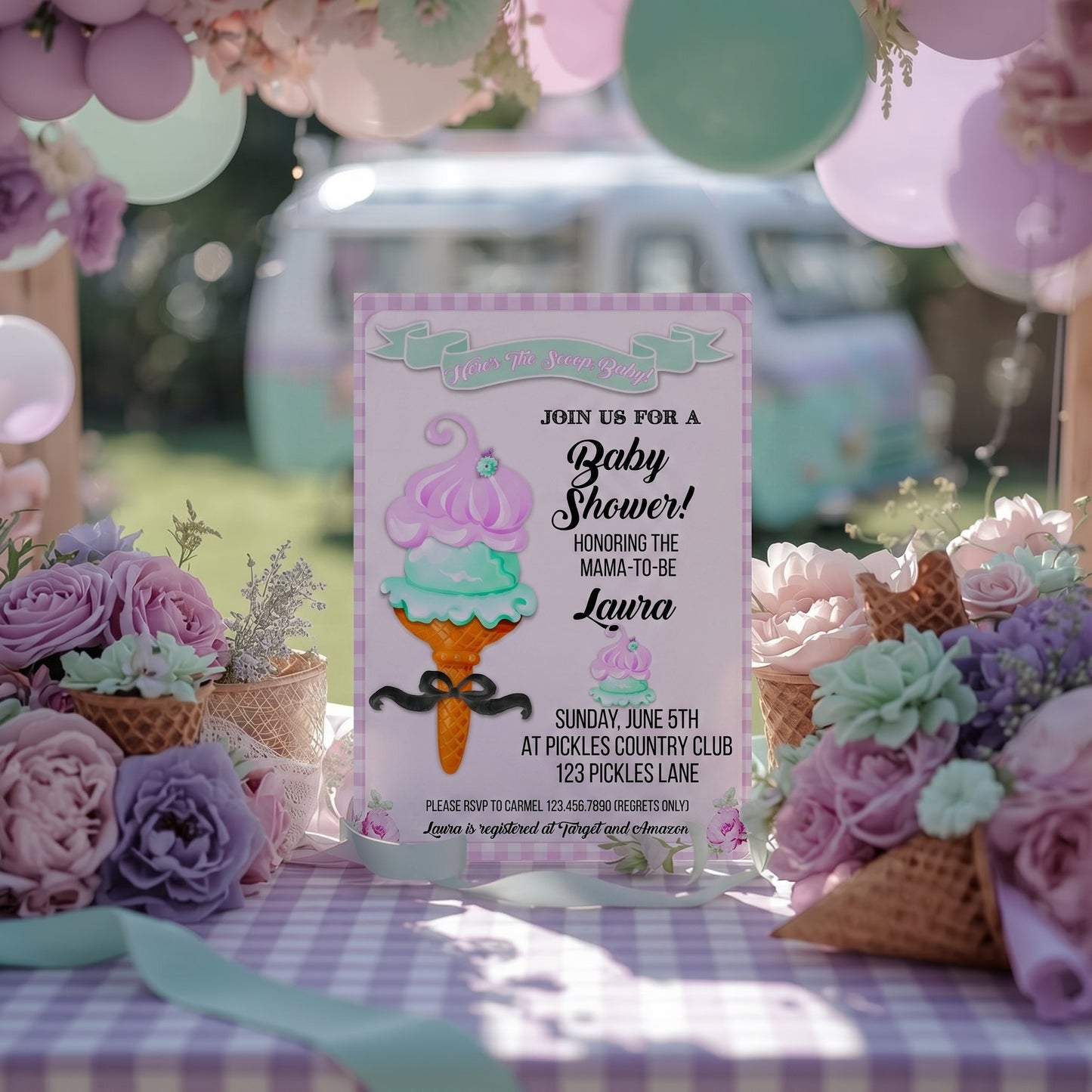 Here's The Scoop, Baby-Invitation-Customize in Corjl-Ice Cream Baby Shower-Ice Cream Baby Shower Invites-Try Demo-Digital-INSTANT DOWNLOAD