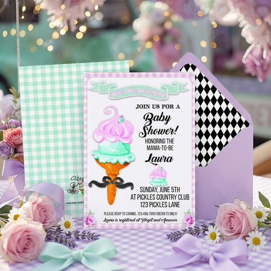 Here's The Scoop, Baby-Invitation-Customize in Corjl-Ice Cream Baby Shower-Ice Cream Baby Shower Invites-Try Demo-Digital-INSTANT DOWNLOAD
