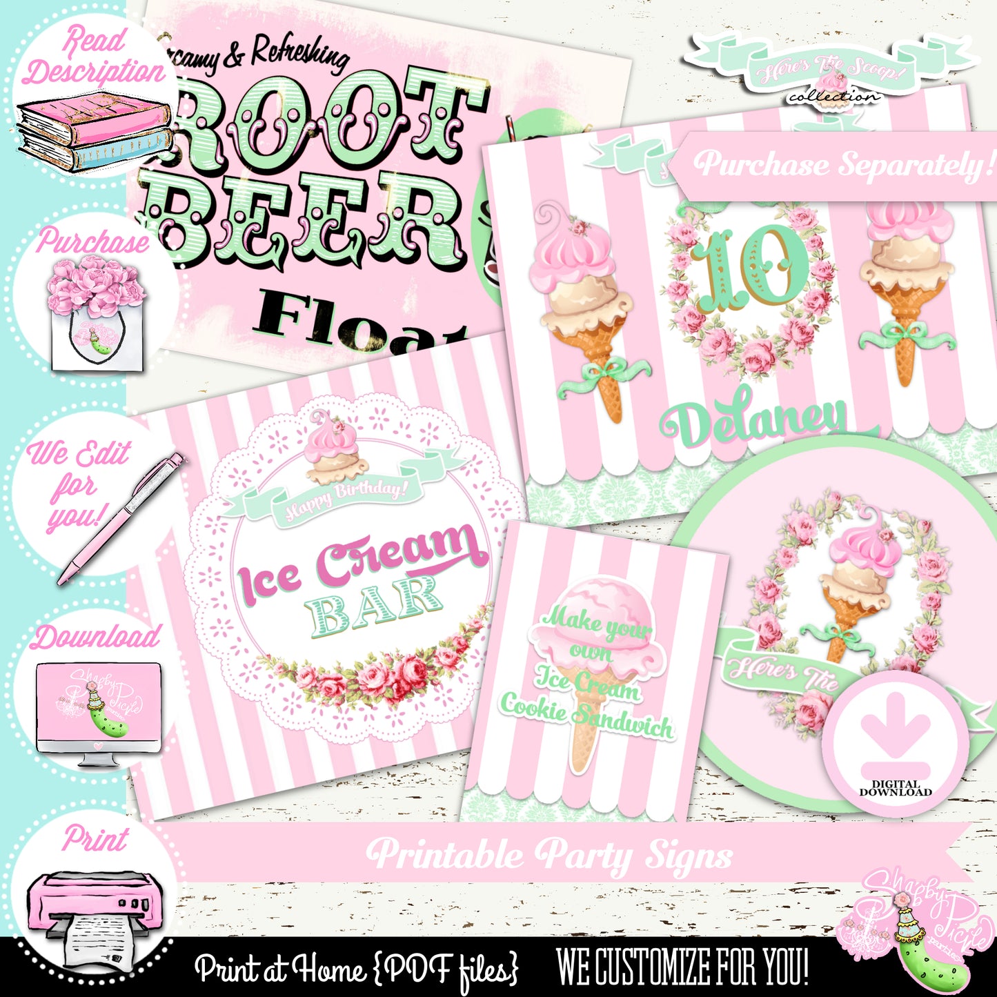 Heres The Scoop-Birthday-Cupcake Wrappers-Cupcake Toppers-We Customize Age-Ice Cream Shop-Ice Cream Parlor-Ice Cream Party-DIGITAL DOWNLOAD