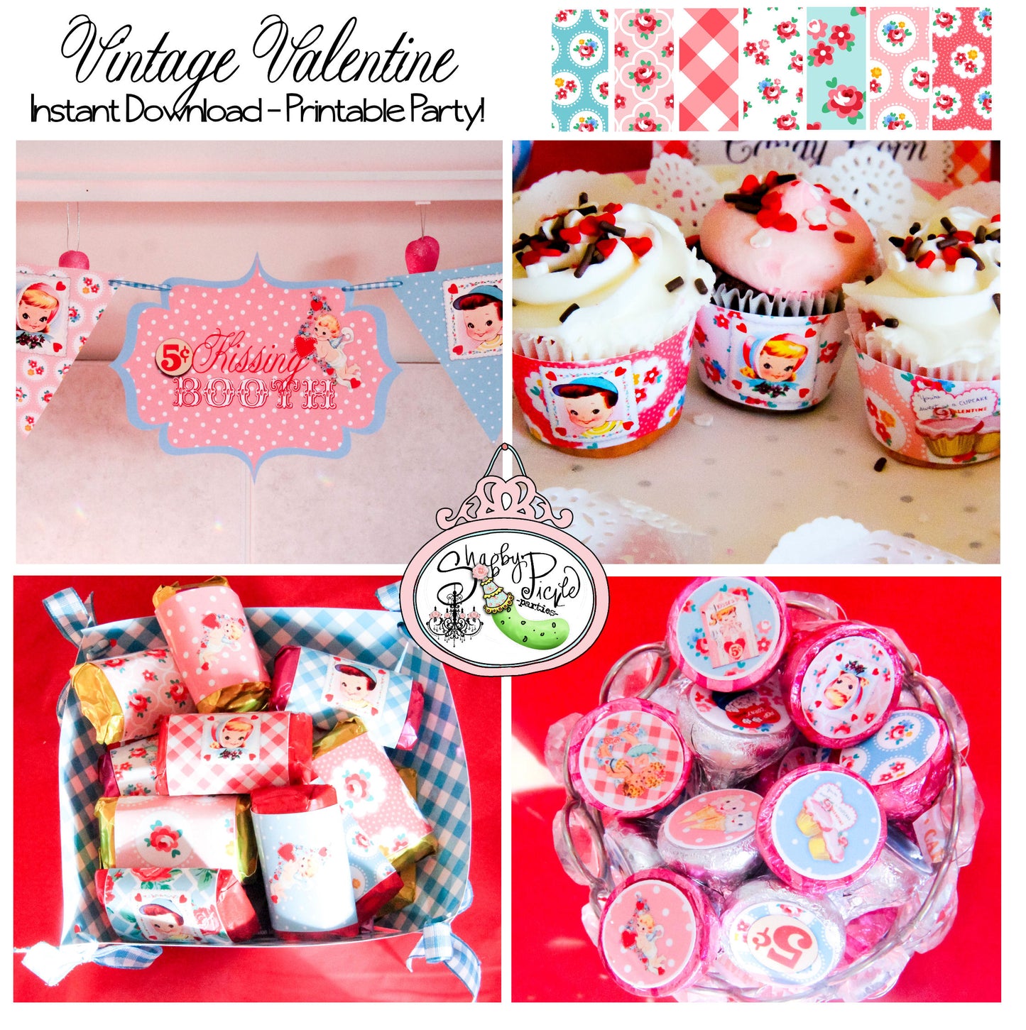 Vintage Valentine Full THEME Party Printable-Birthday Party-Shower-Shabby Chic Valentines Day Parties-Digital Decorations-INSTANT DOWNLOAD