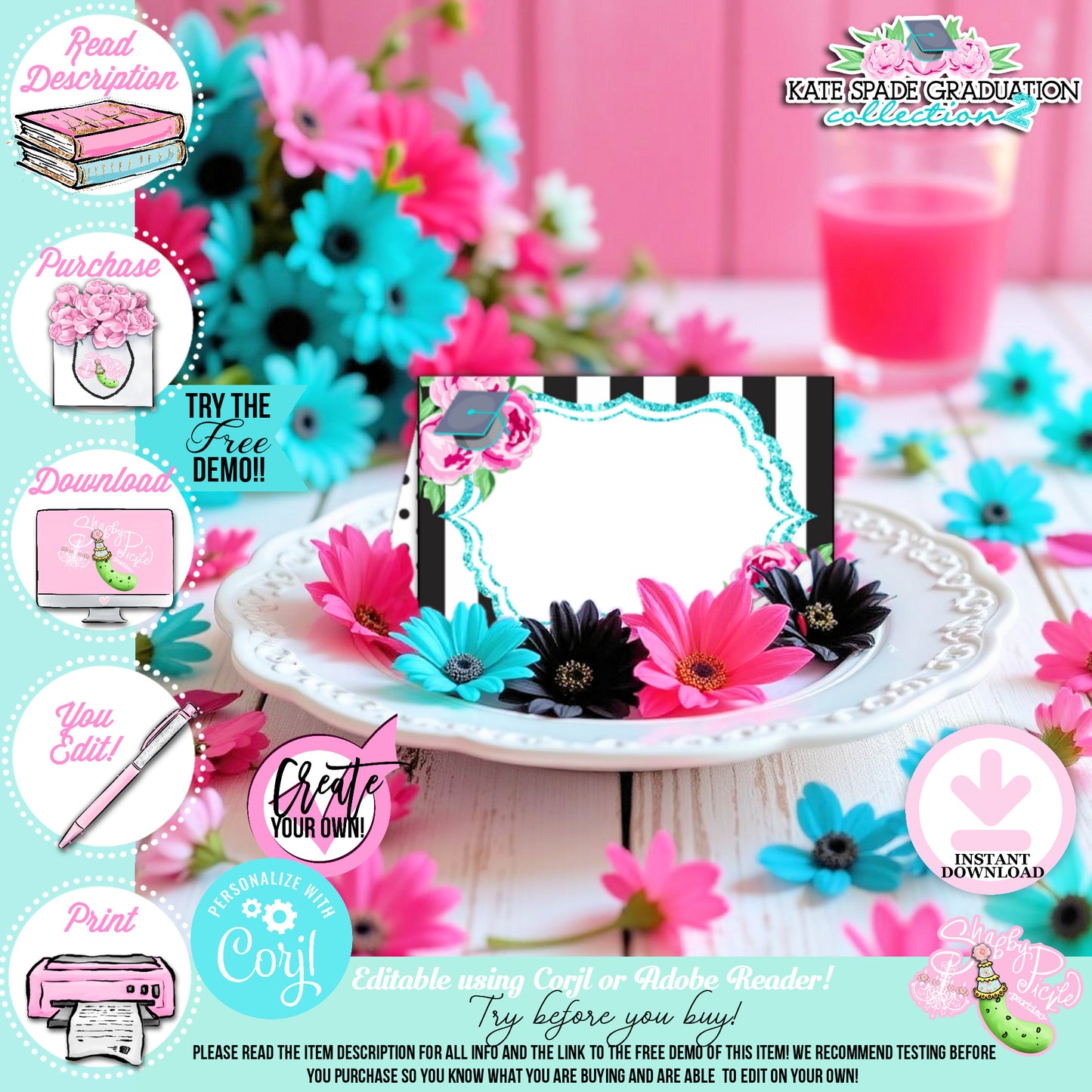 Kate Spade (2) Inspired Editable Tent Cards-Edit in Corjl or Adobe-Buffet Cards-Graduation Party-Grad-Graduation-Printable-INSTANT DOWNLOAD