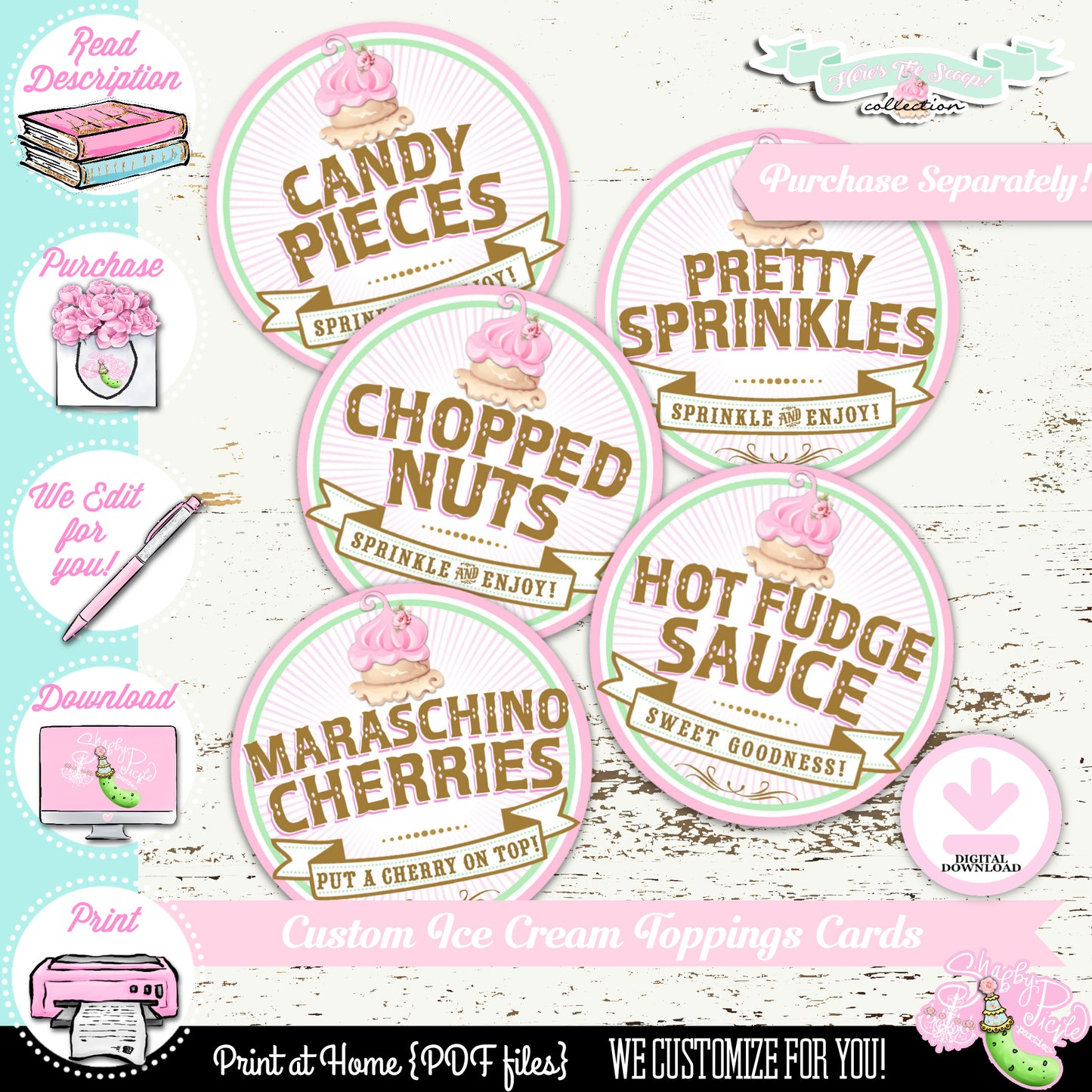 Heres The Scoop-Birthday-Cupcake Wrappers-Cupcake Toppers-We Customize Age-Ice Cream Shop-Ice Cream Parlor-Ice Cream Party-DIGITAL DOWNLOAD