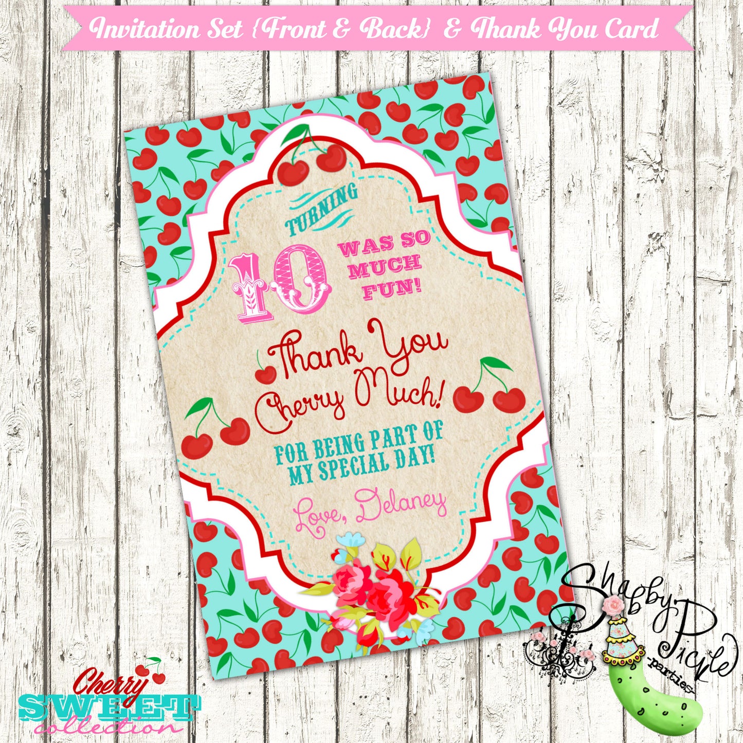 Cherry Sweet Birthday-Invitation Set-Thank You Card-Personalized-Cherry Theme-Birthday Printable-Girls Birthday-Printables-DIGITAL DOWNLOAD