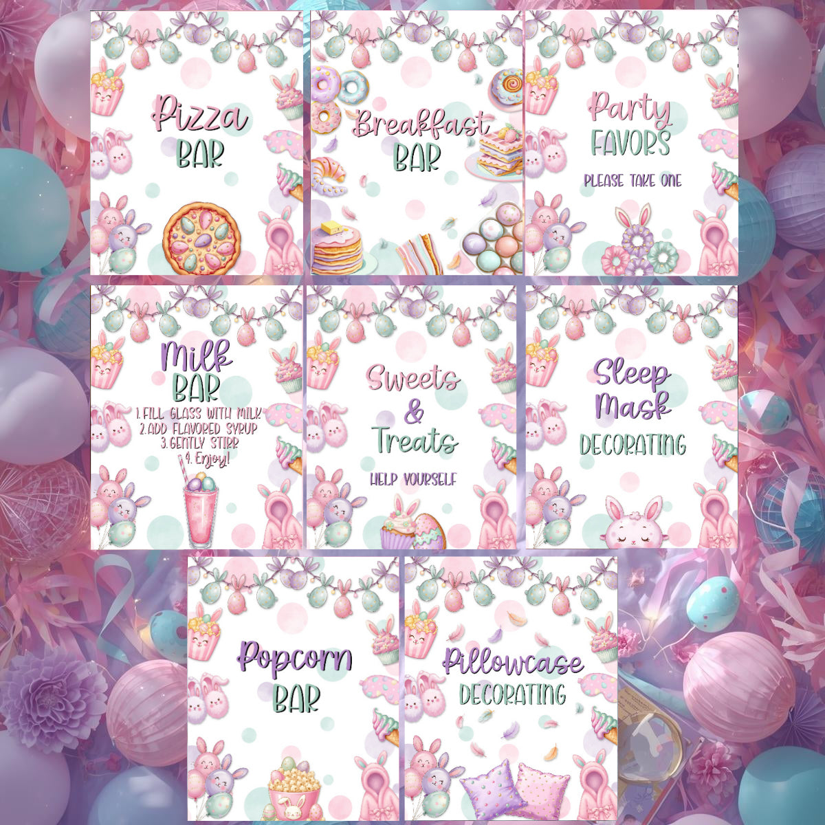 Easter Sleepover-{8} 8x10 Party Signs-Easter Slumber Party-Buffet Signs-Slumber Party Signs-Easter Birthday-Easter Party-Easter Sunday-Happy Birthday-Birthday Sleepover Party-Birthday Slumber Party-Bunny-INSTANT DOWNLOAD