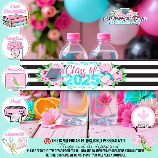 Kate Spade (2) Inspired Water Bottle Wrappers-Water Bottle Labels-Favors-Graduation Party-Grad-Class of-Printable-INSTANT DOWNLOAD